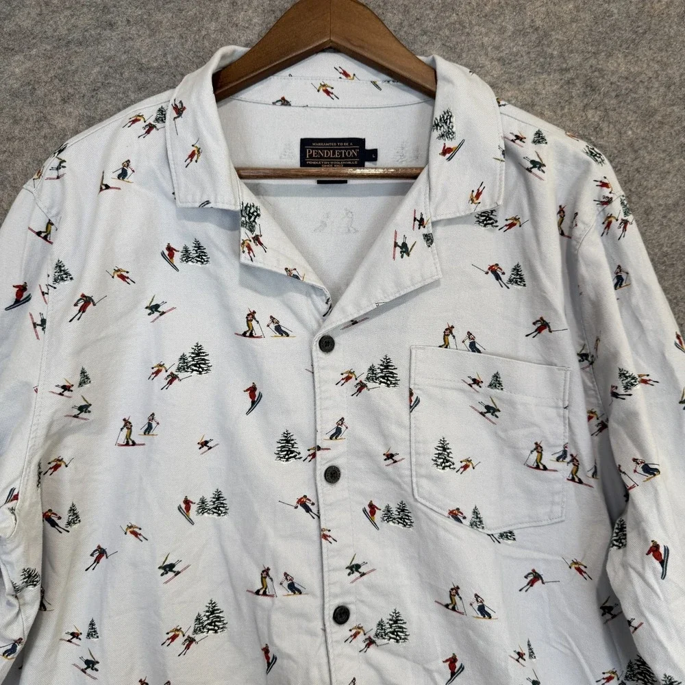 Pendleton Ski Flannel Pajama Shirt Men Large AOP Graphic Pine Trees Skiers Sleep